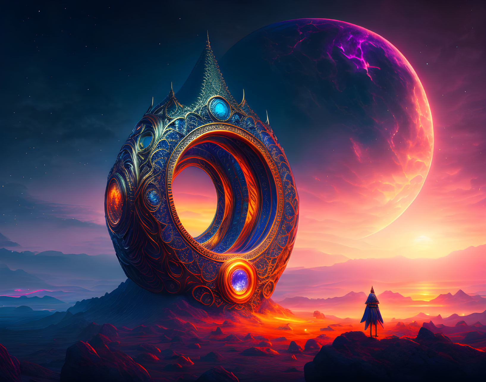 Fantastical landscape with cloaked figure, ornate ring structure, moon, and second sun