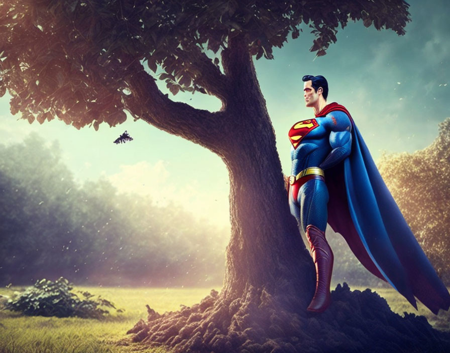 Heroic Figure in Blue and Red Costume Stands by Tree in Grassy Landscape