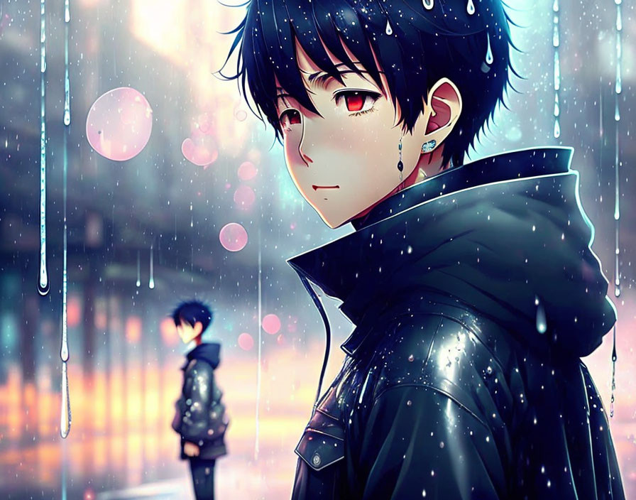 Illustrated anime-style male characters in rainy city setting