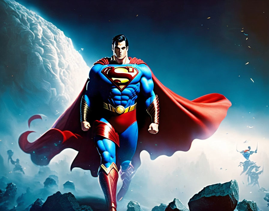 Superman illustration: Heroic stance with flowing cape in cosmic scene.