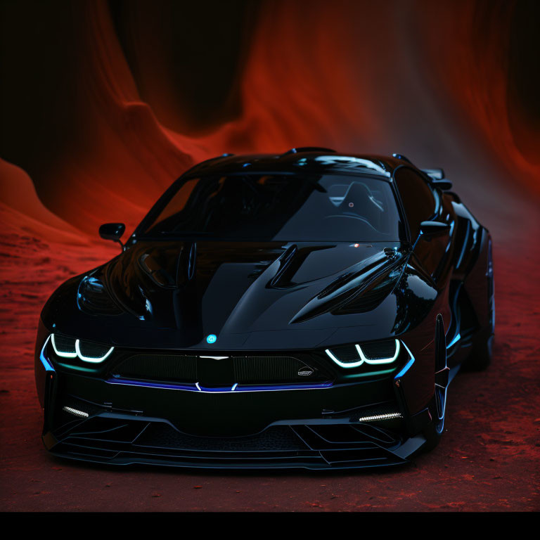 Black sports car with blue accents on red rocky terrain reminiscent of Mars.