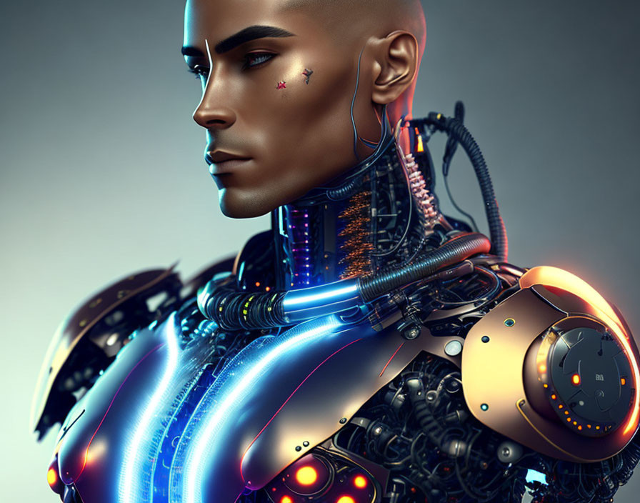 Detailed male humanoid robot with sleek metallic features and glowing blue lights