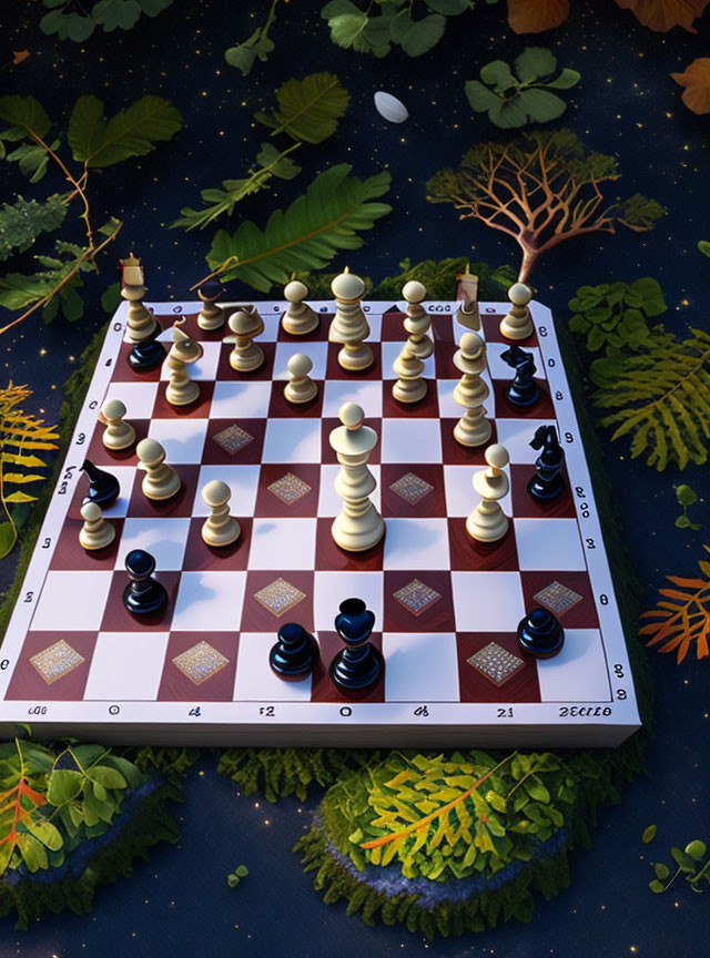 Chessboard Game in Progress Surrounded by Night Sky and Greenery