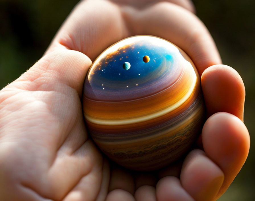 Person holding colorful swirling planet-like object in fingers