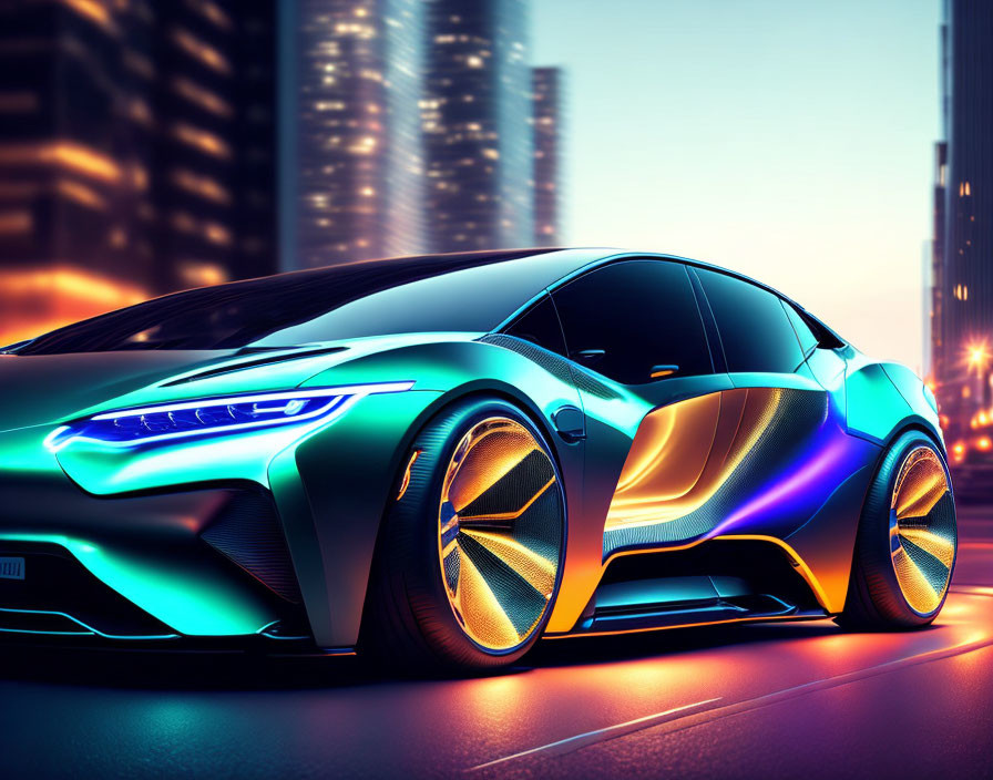 Sleek futuristic car with neon accents cruising urban road at dusk