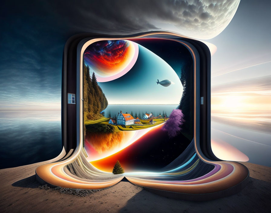 Abstract surreal landscape with distorted frame: ocean, countryside, space, flying whale