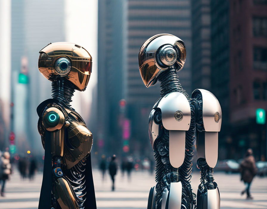 Gold and Silver Humanoid Robots in City Street Scene