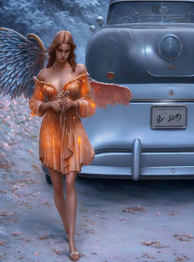 Winged female figure in orange attire by vintage car in snowy setting