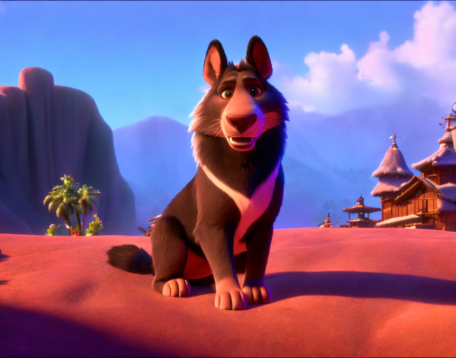 Smiling animated wolf character in desert with Asian-style buildings