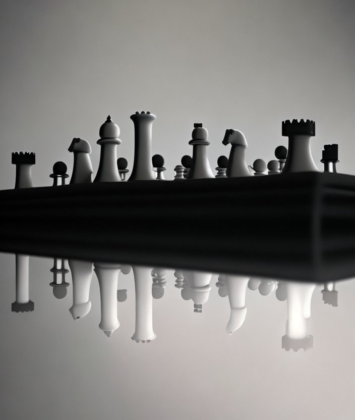 Chess Pieces Arranged on Glossy Surface in Black and White