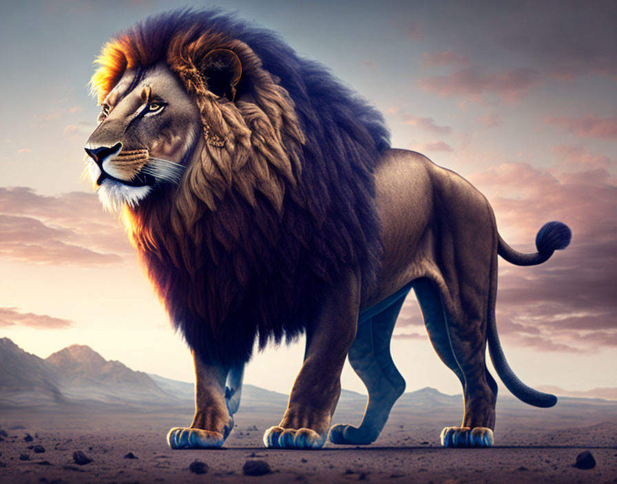 Lion digital art: Mane merges with twilight sky over desert landscape