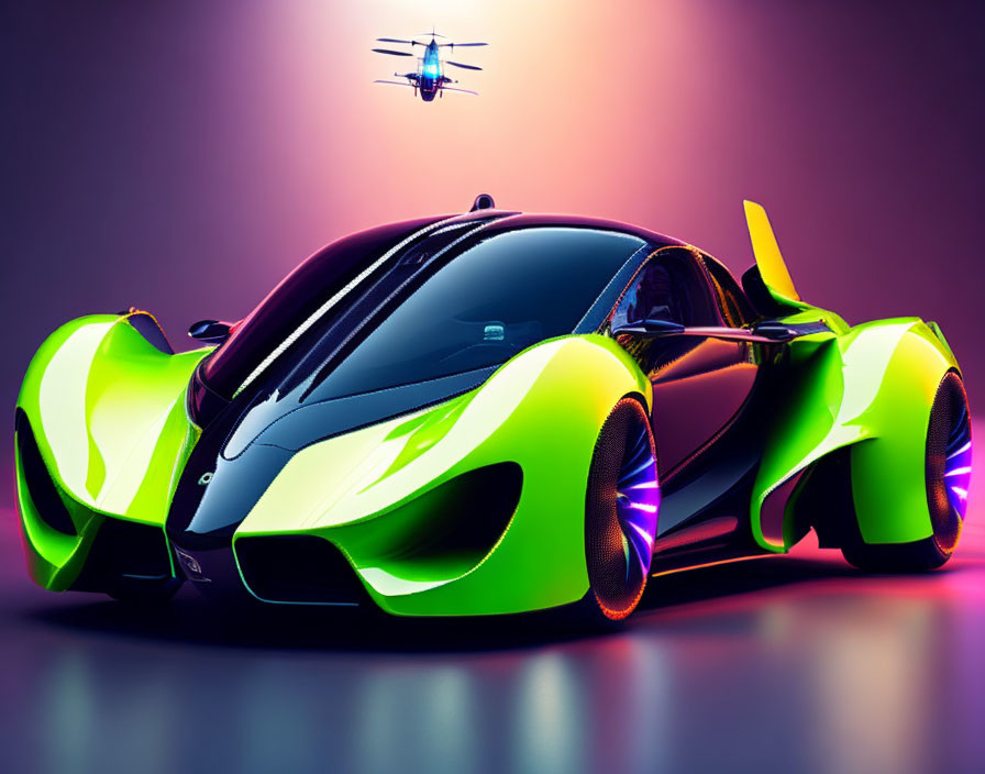 Futuristic green and black sports car with glowing wheels under dramatic lighting