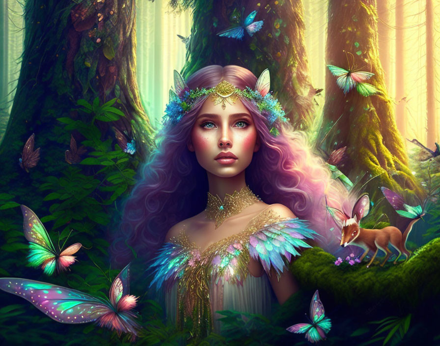 Multicolored hair mythical figure with butterflies, deer, floral crown, in lush forest