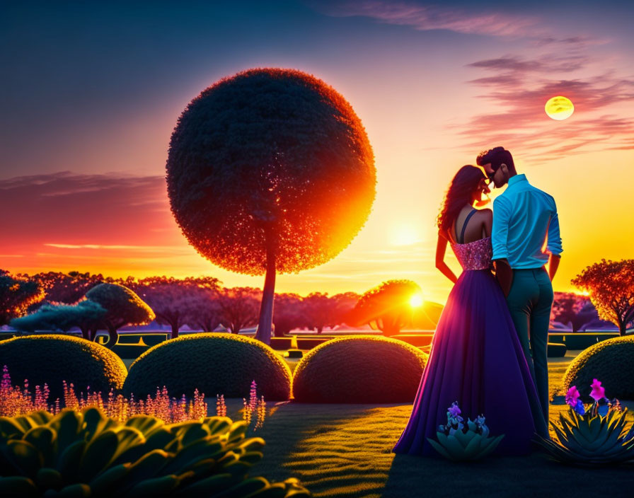 Couple embracing at sunset in colorful garden with round-top tree