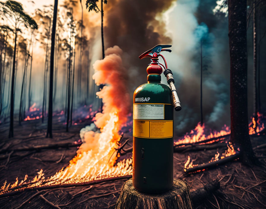 Whimsical bird-like figure on fire extinguisher in forest wildfire