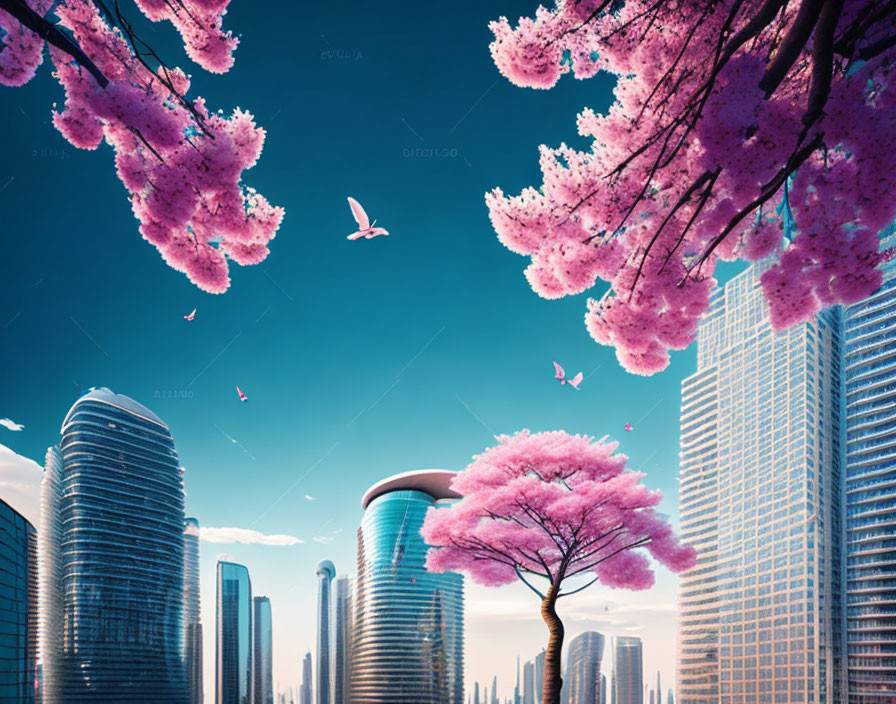 Pink cherry blossoms and futuristic city skyline with skyscrapers under blue sky