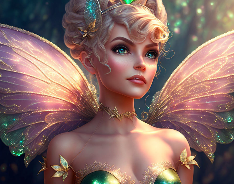 Fantasy female character with butterfly wings and gold jewelry