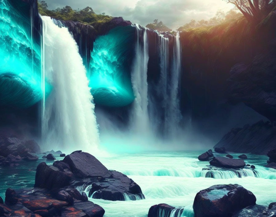 Majestic waterfall with turquoise water cascading into serene pool