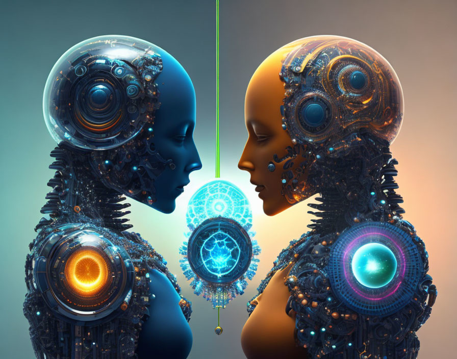 Detailed futuristic androids with glowing elements and intricate mechanical designs