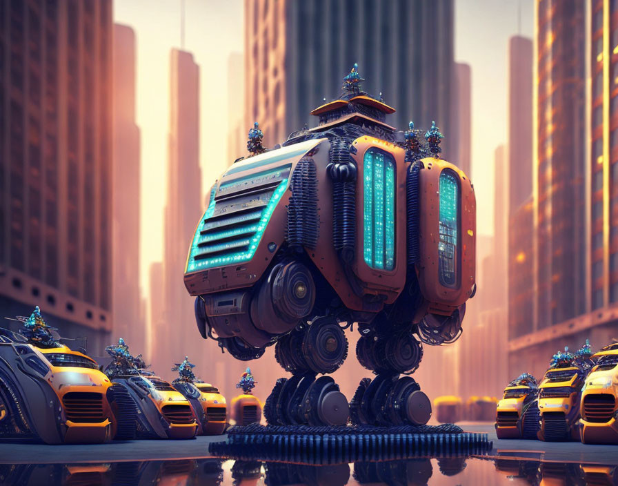 Futuristic cityscape featuring towering robot and sleek vehicles under warm dusky sky