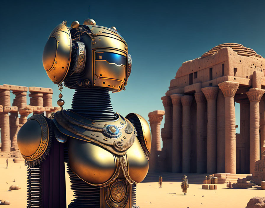 Intricate golden and black futuristic robot in ancient desert temple setting