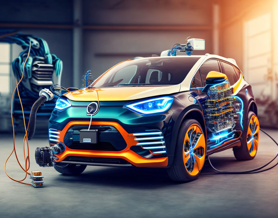 Orange and Black Electric SUV with Exposed Powertrain and Robot Mechanic