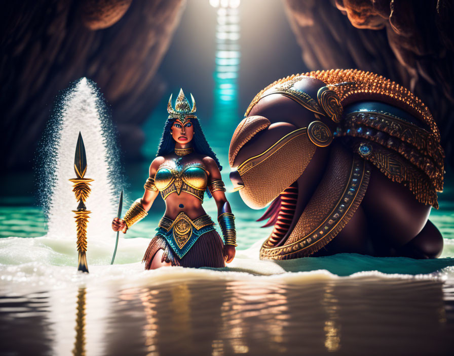 Ornate armored warrior woman with spear next to large snail in mystical setting