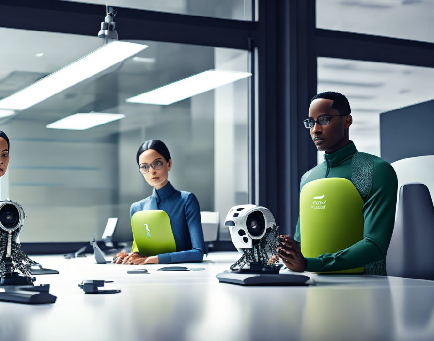 Office Scene with Three People and Futuristic Robots Meeting