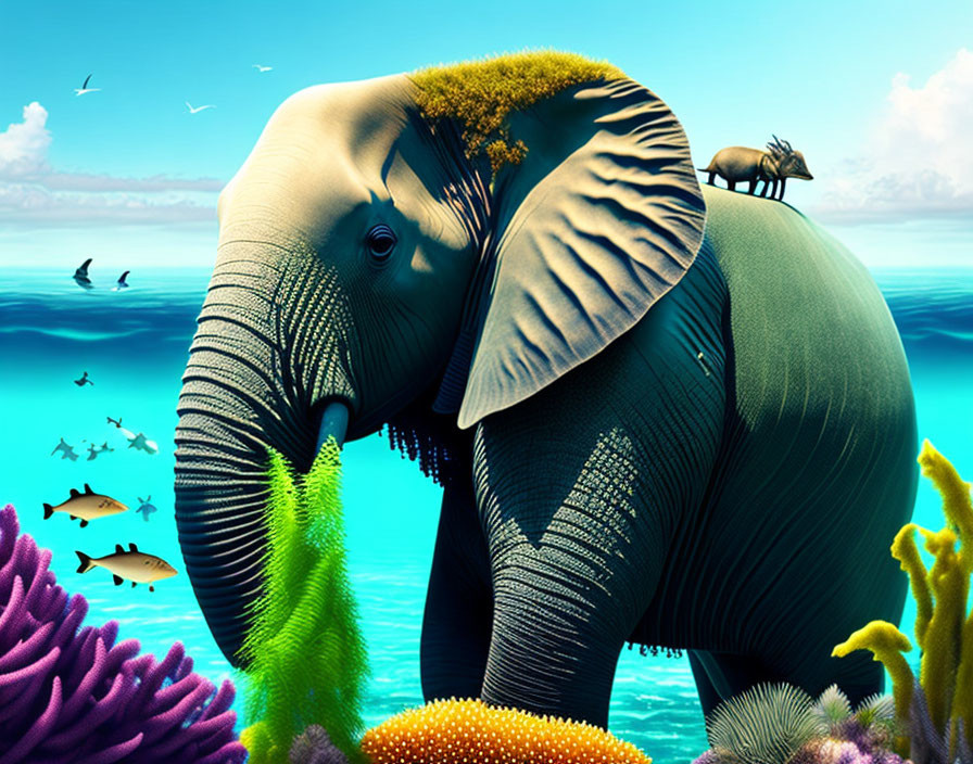 Elephant camouflaged in underwater seascape with coral reefs and fish