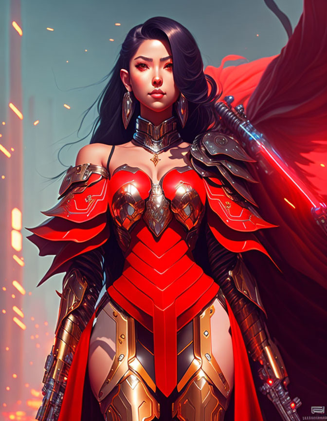 Warrior woman digital artwork in red and silver armor on futuristic backdrop