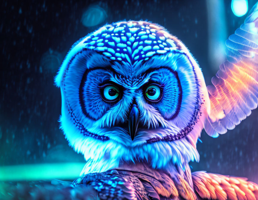 Detailed Neon Owl Artwork with Intricate Feathers and Expressive Eyes