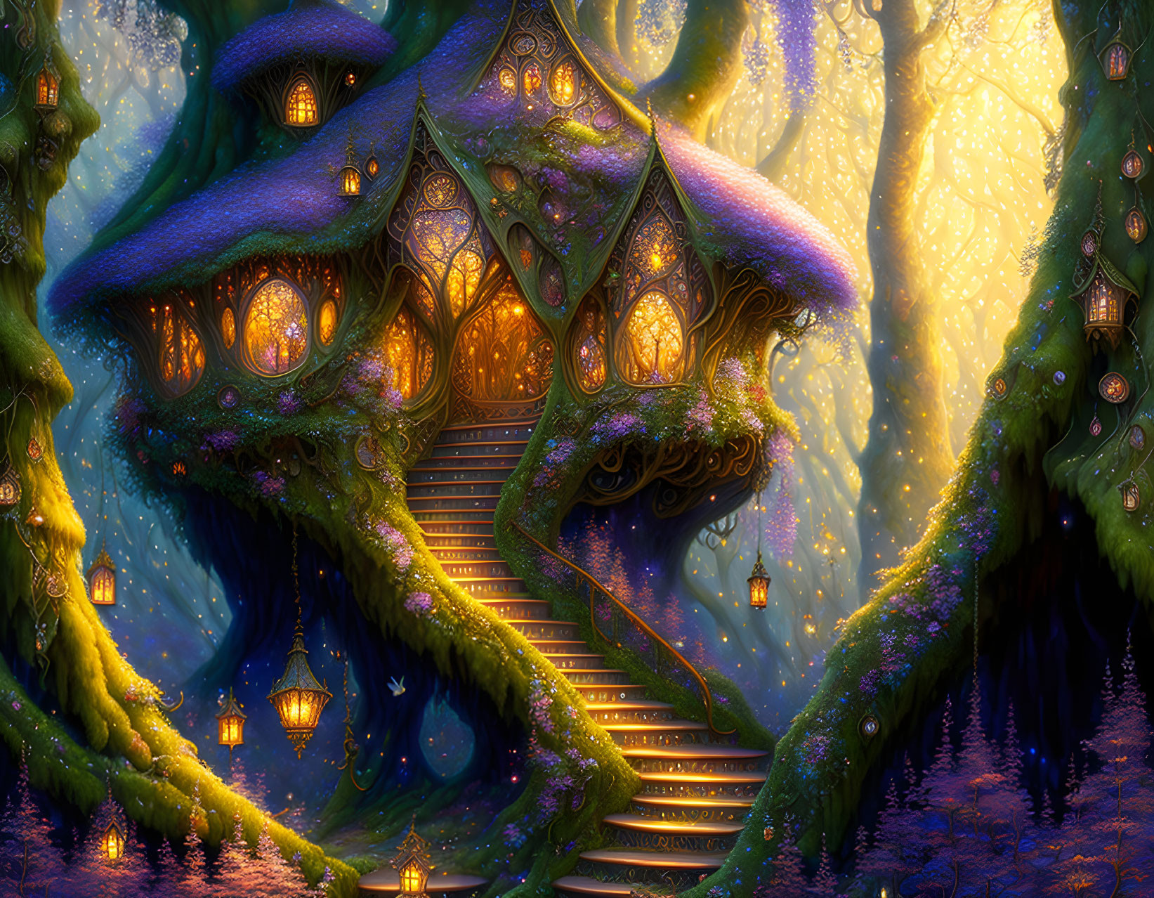 Spiraling Staircase in Enchanting Treehouse Forest