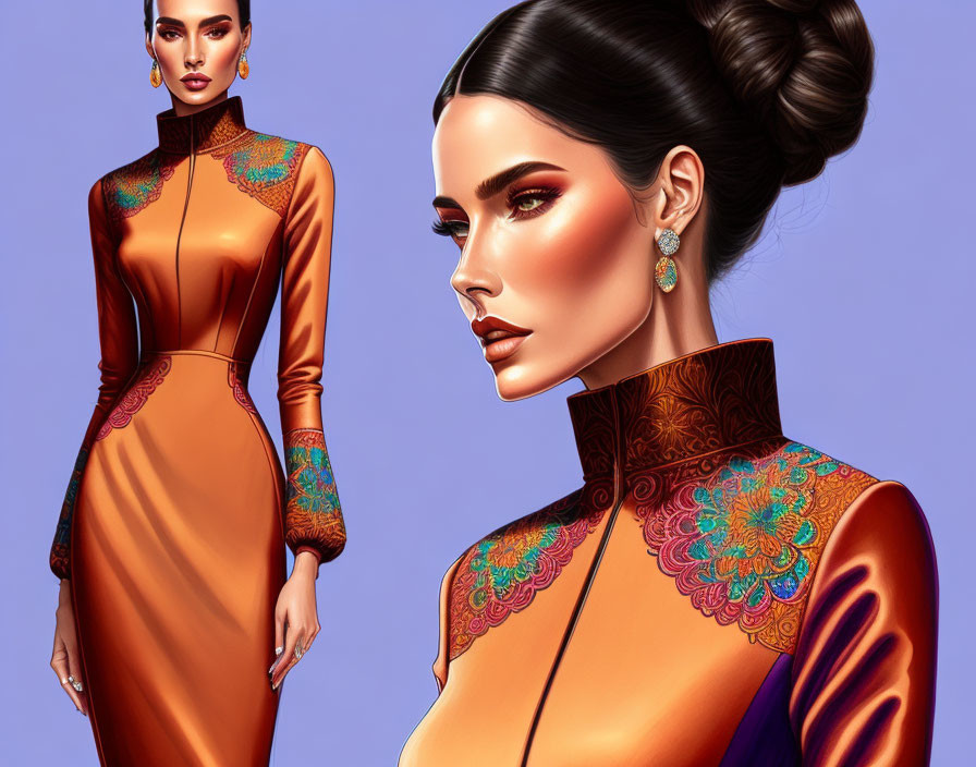 Detailed illustration of woman in orange gown with blue and gold embroidery