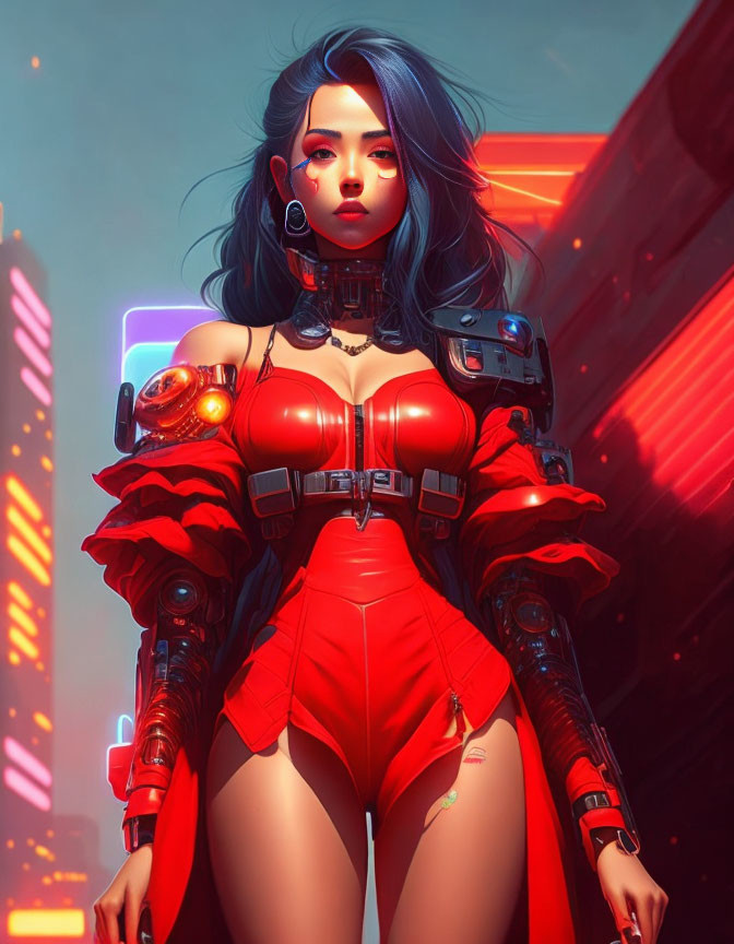 Futuristic female figure with cybernetic enhancements in red outfit against neon cityscape