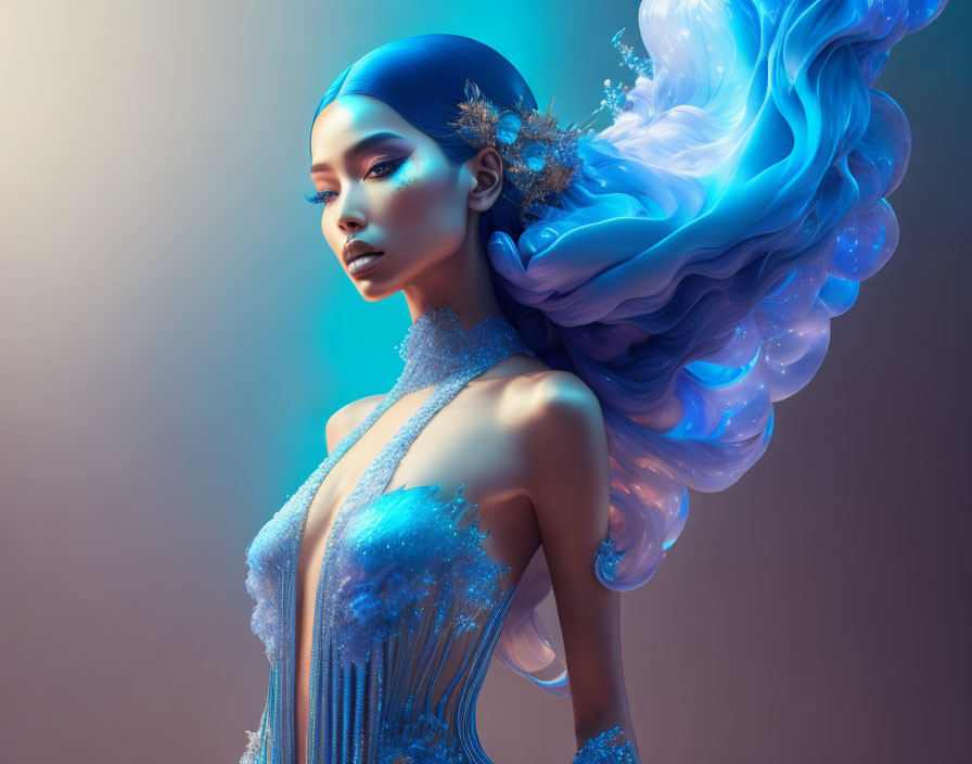 Digital Artwork: Woman with Flowing Blue Hair and Crystal Accessories