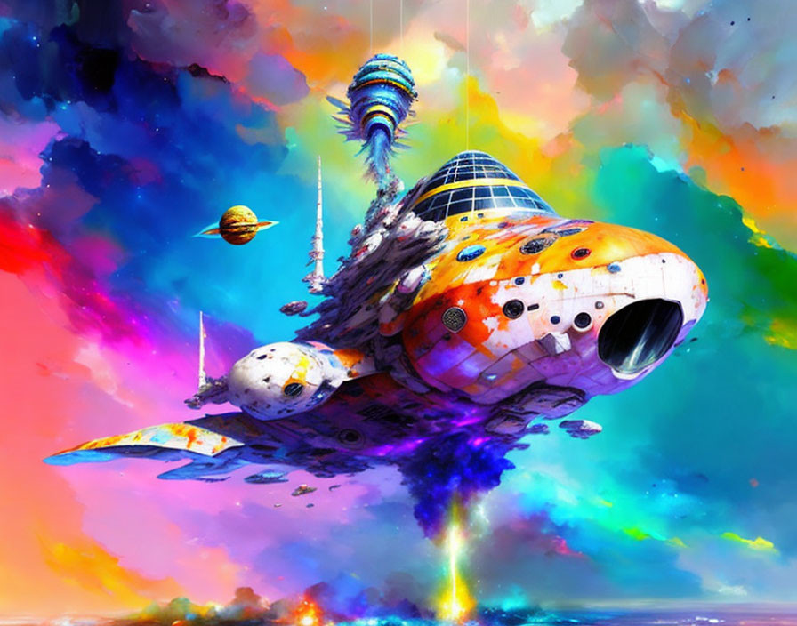 Vibrant fantasy space scene with spacecraft and cosmic backdrop