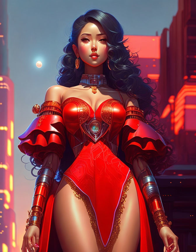 Illustrated female character in futuristic red and gold armor against neon-lit cityscape