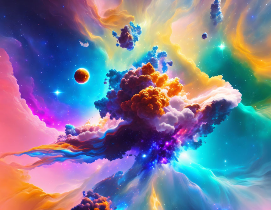 Colorful cosmic space scene with nebulous clouds and distant planet