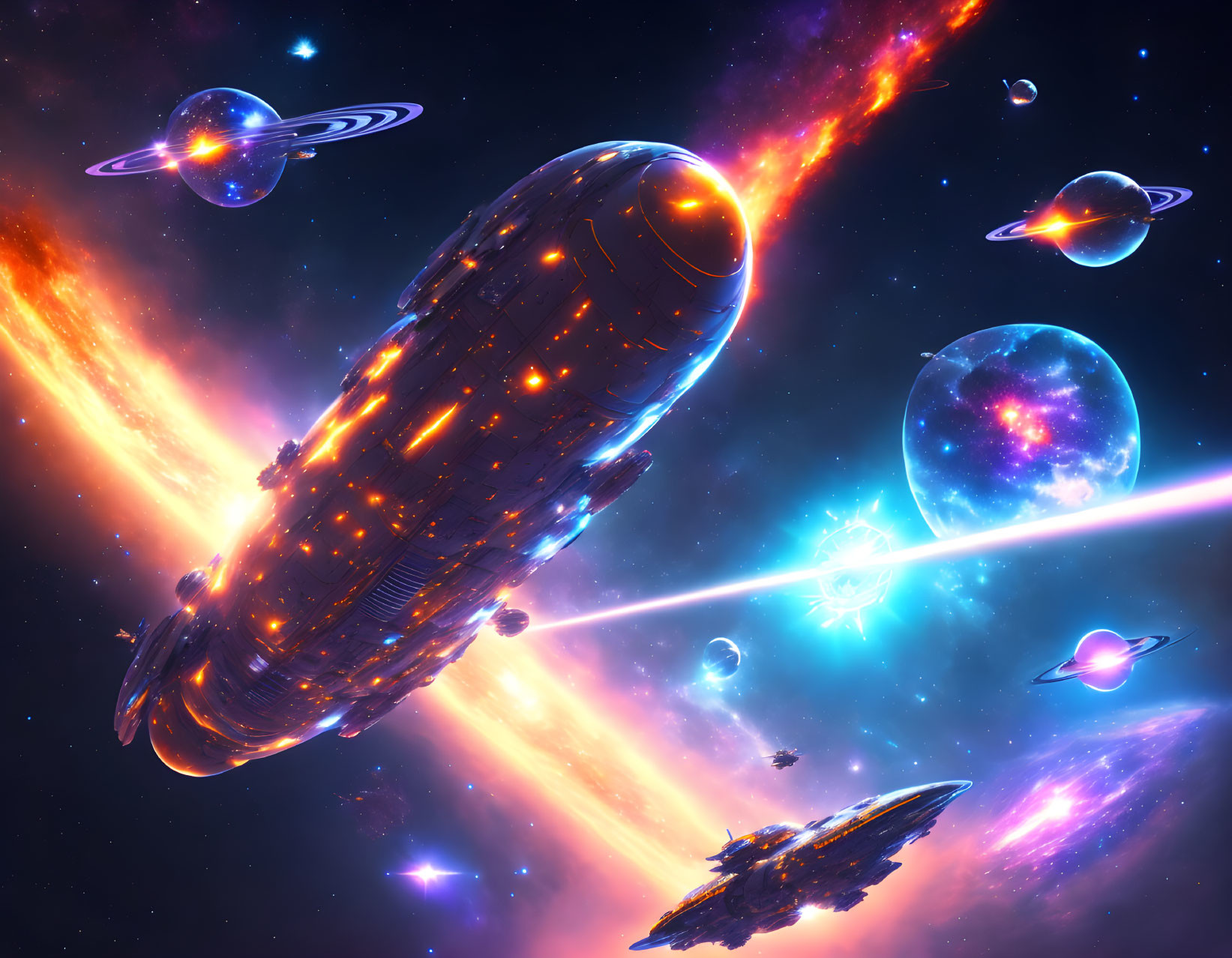 Futuristic Spaceships in Vibrant Space Scene