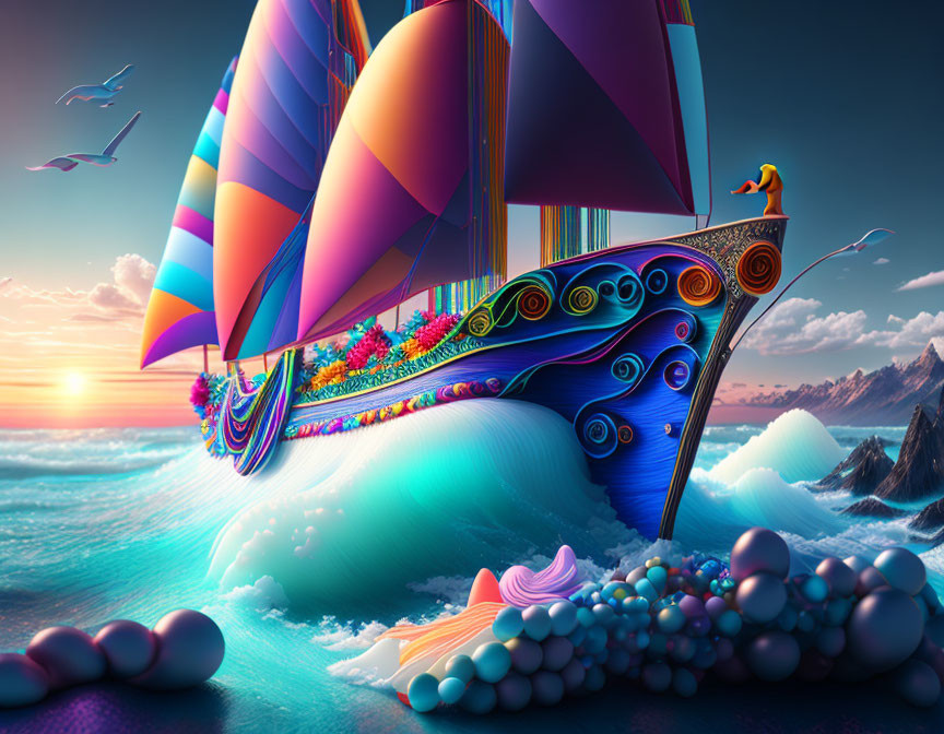 Colorful Sailboat with Elaborate Designs Sailing at Sunset