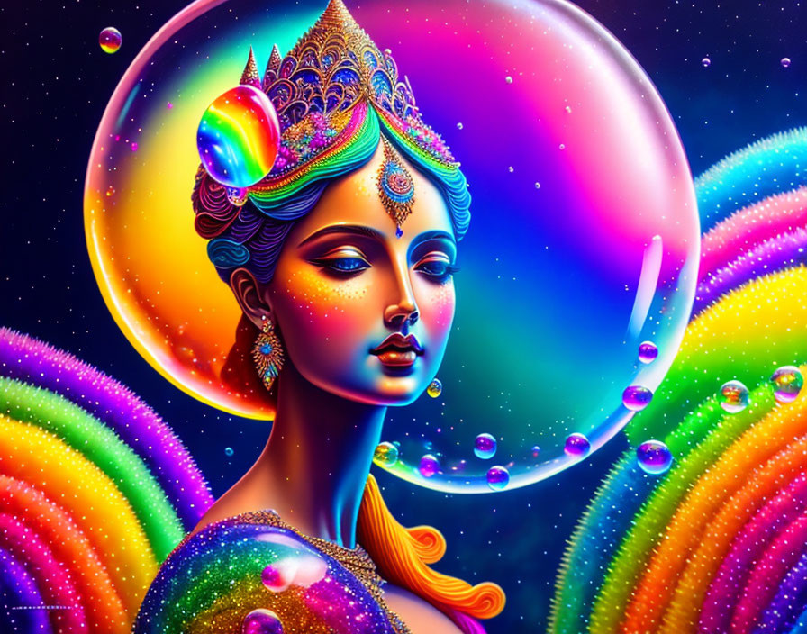 Colorful Cosmic Rainbow Woman with Bubbles and Feathers