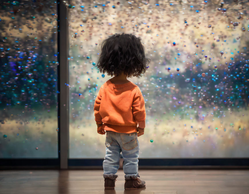 Curly-Haired Child in Orange Sweater Mesmerized by Sparkling Light Display