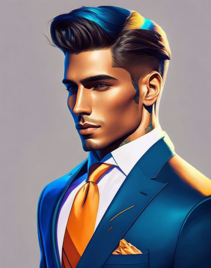 Colorful Hair Man in Blue Suit with Orange Tie Illustration