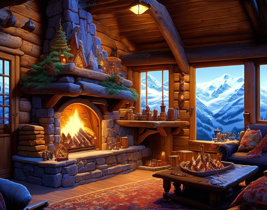 Rustic log cabin interior with fireplace, festive decor, seating, and snowy mountain view