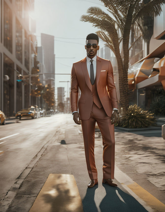 Confident man in brown suit on sunny city street with palm trees.