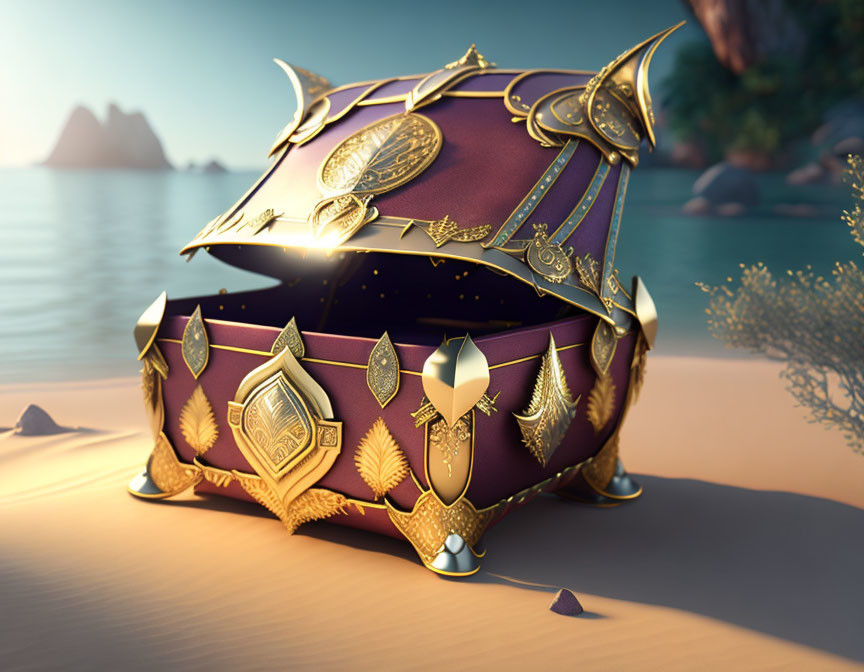 Golden-purple ornate treasure chest on sandy beach with calm waters and rocky islands