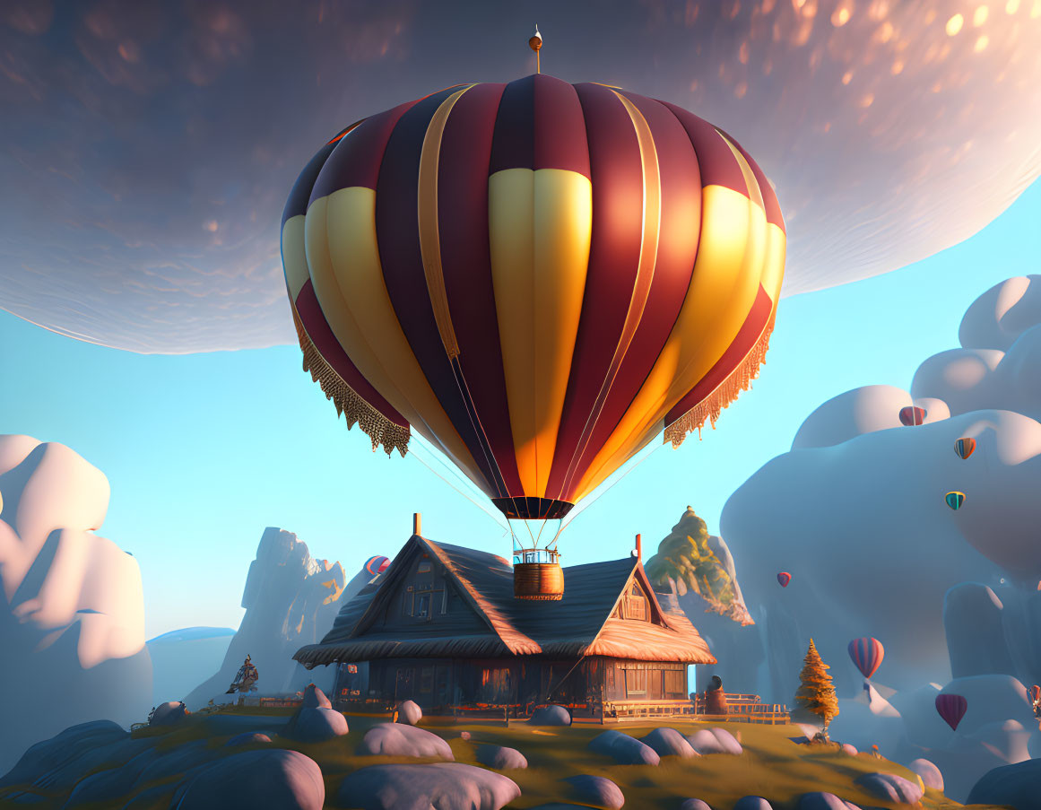 Colorful hot air balloons over quaint house in serene landscape