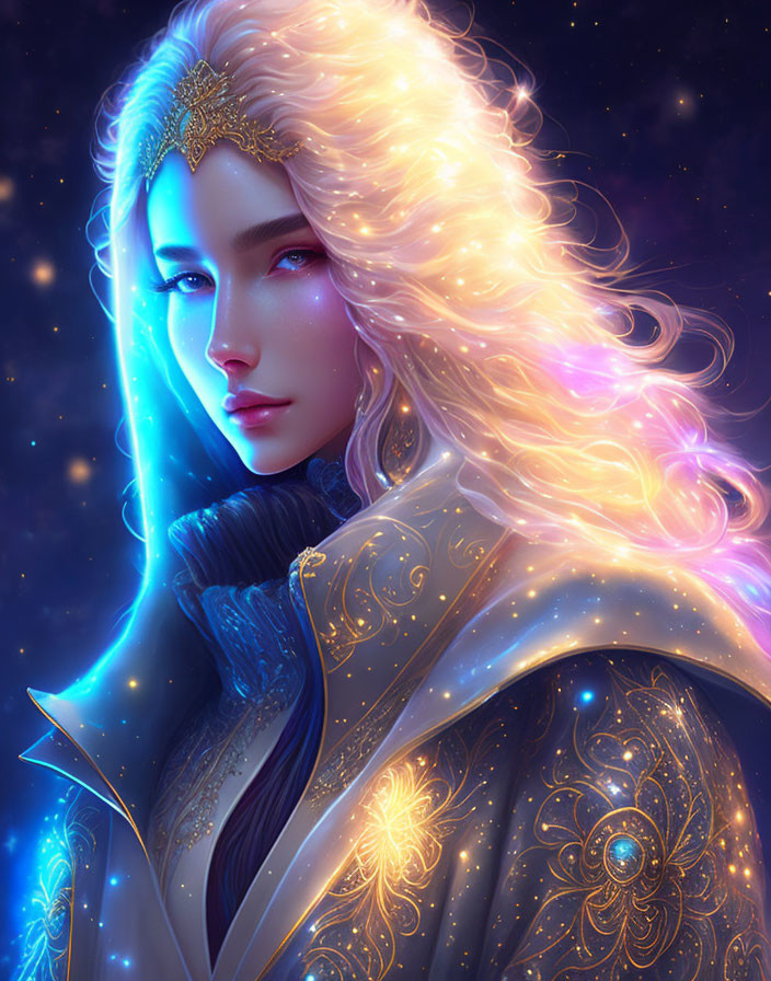 Ethereal woman with wavy blonde hair in star-patterned cloak