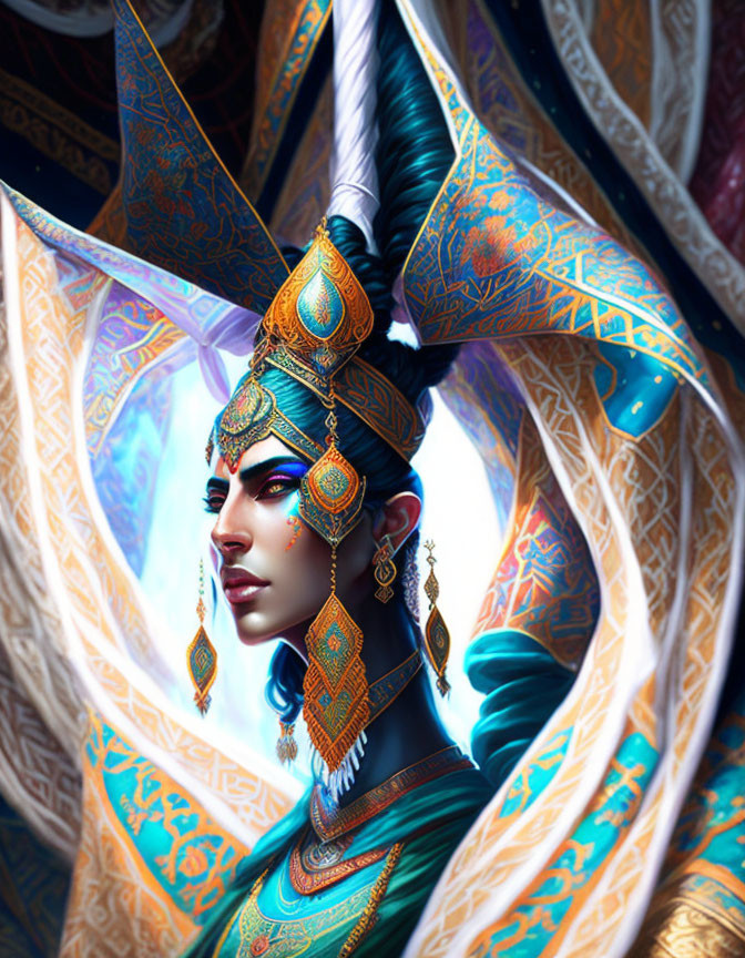 Illustration of female figure with blue and gold headgear and face tattoos on magical backdrop