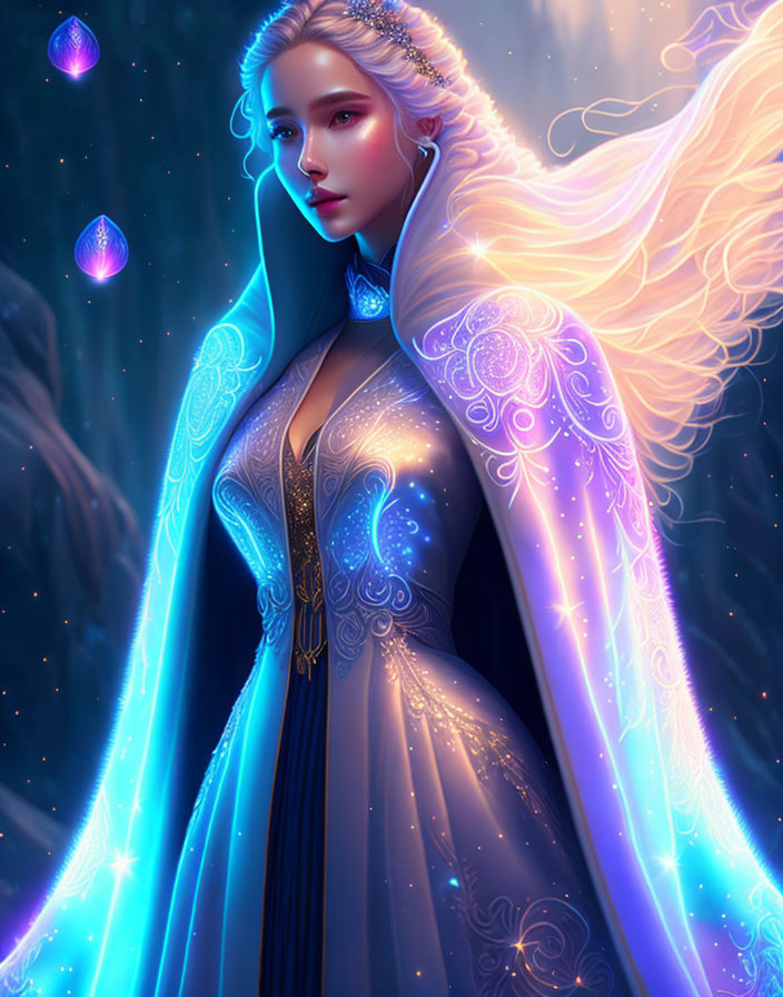 Radiant angelic figure with glowing wings and blue robe amidst floating gemstones